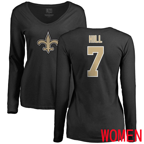 New Orleans Saints Black Women Taysom Hill Name and Number Logo Slim Fit NFL Football #7 Long Sleeve T Shirt->women nfl jersey->Women Jersey
